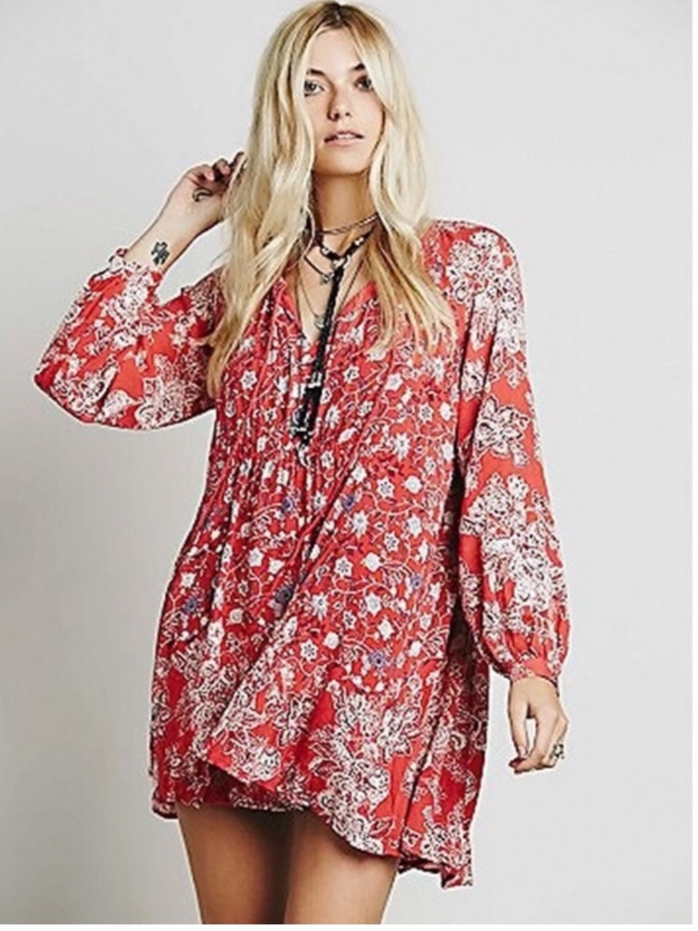FP Peasant Style Boho Red & White FLORAL MINI DRESS Balloon Long Sleeves